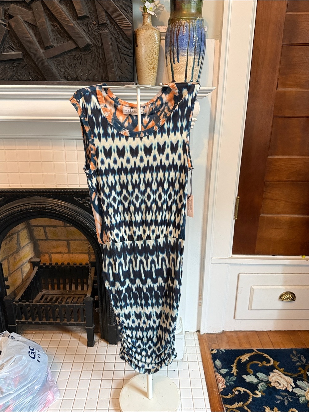 Velvet by Graham & Spencer Navy, Cream & Orange Ikat Midi Dress
